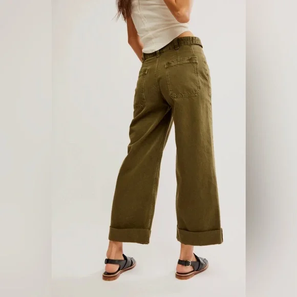Free People Olive Green Wide-Leg Pants - Picture 2 of 8